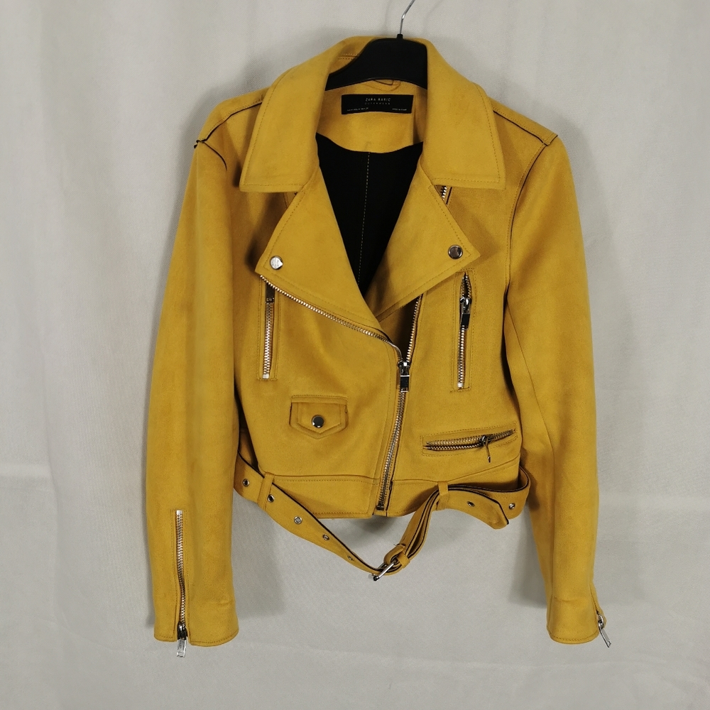 Zara Faux Suede Biker Bomber Aviator Jacket Size M 10 12 Yellow Ladies - Picture 1 of 7
